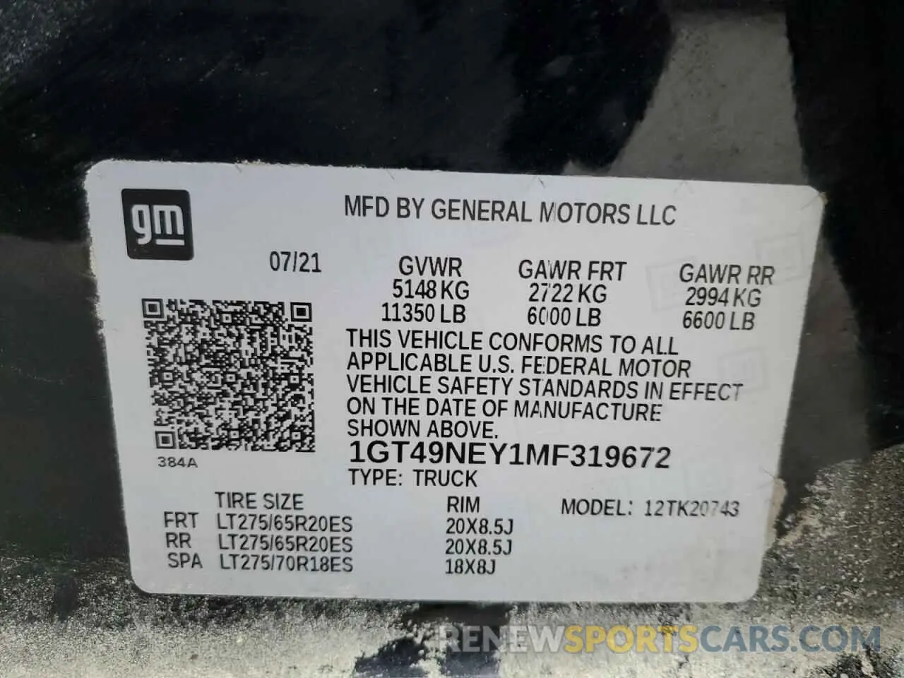 12 Фотография поврежденного автомобиля 1GT49NEY1MF319672 GMC SIERRA 2021