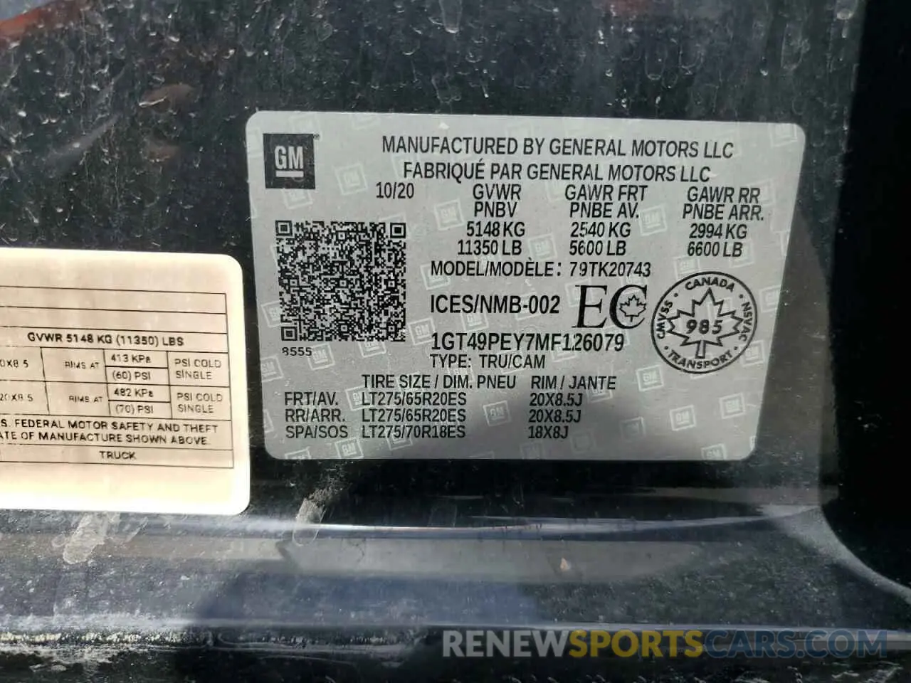 12 Photograph of a damaged car 1GT49PEY7MF126079 GMC SIERRA 2021