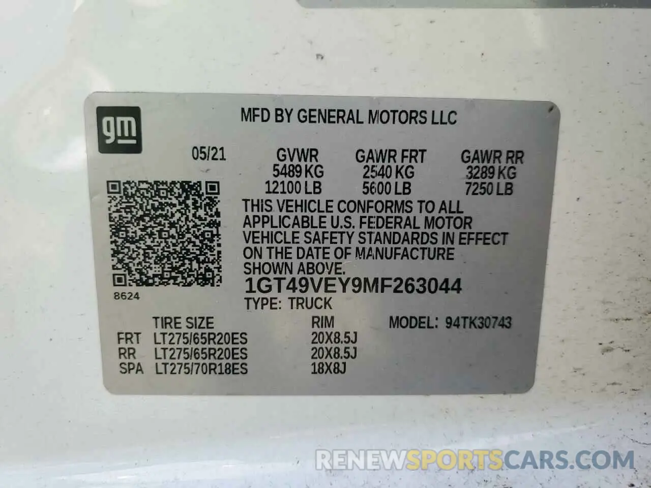 12 Фотография поврежденного автомобиля 1GT49VEY9MF263044 GMC SIERRA 2021