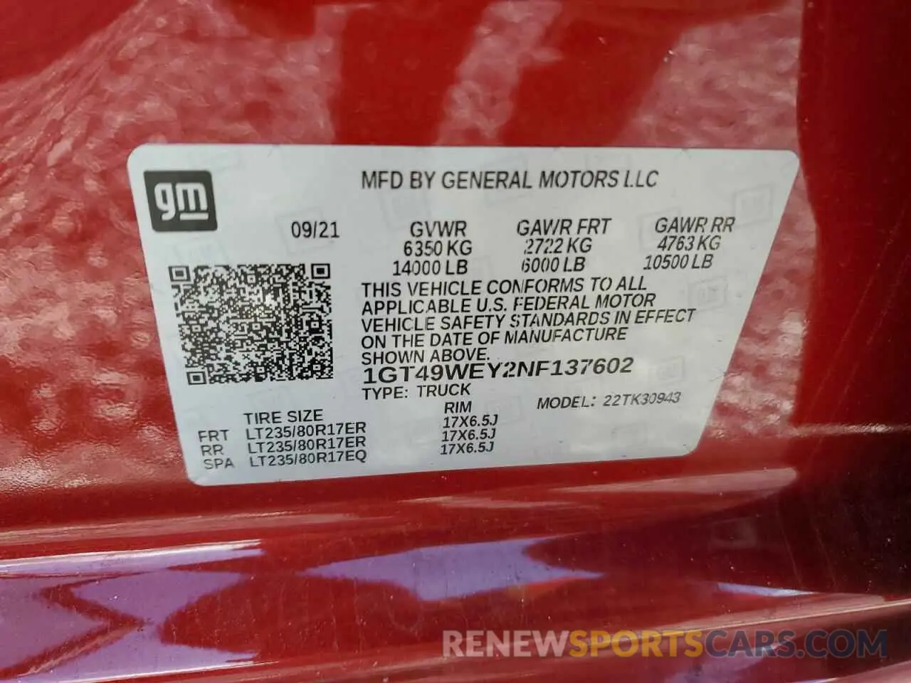 14 Photograph of a damaged car 1GT49WEY2NF137602 GMC SIERRA 2022