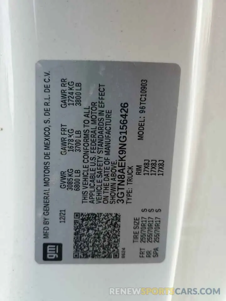 12 Фотография поврежденного автомобиля 3GTN8AEK9NG156426 GMC SIERRA 2022