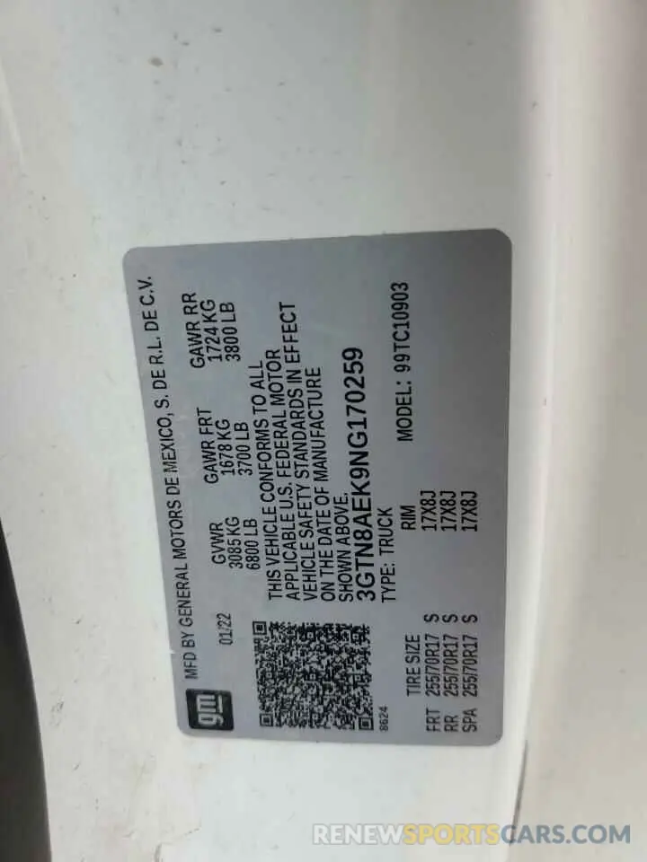 12 Фотография поврежденного автомобиля 3GTN8AEK9NG170259 GMC SIERRA 2022