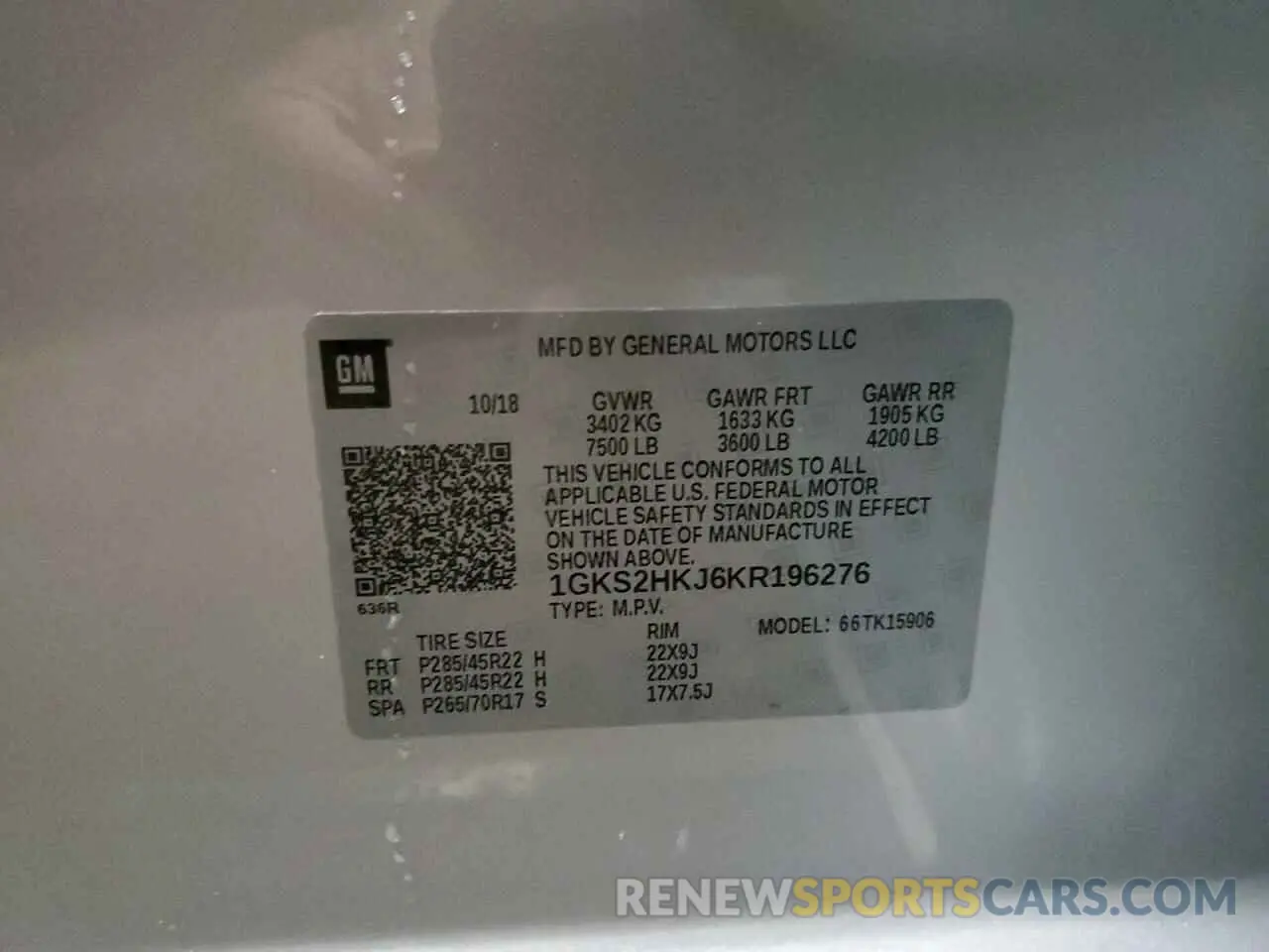 15 Photograph of a damaged car 1GKS2HKJ6KR196276 GMC YUKON 2019