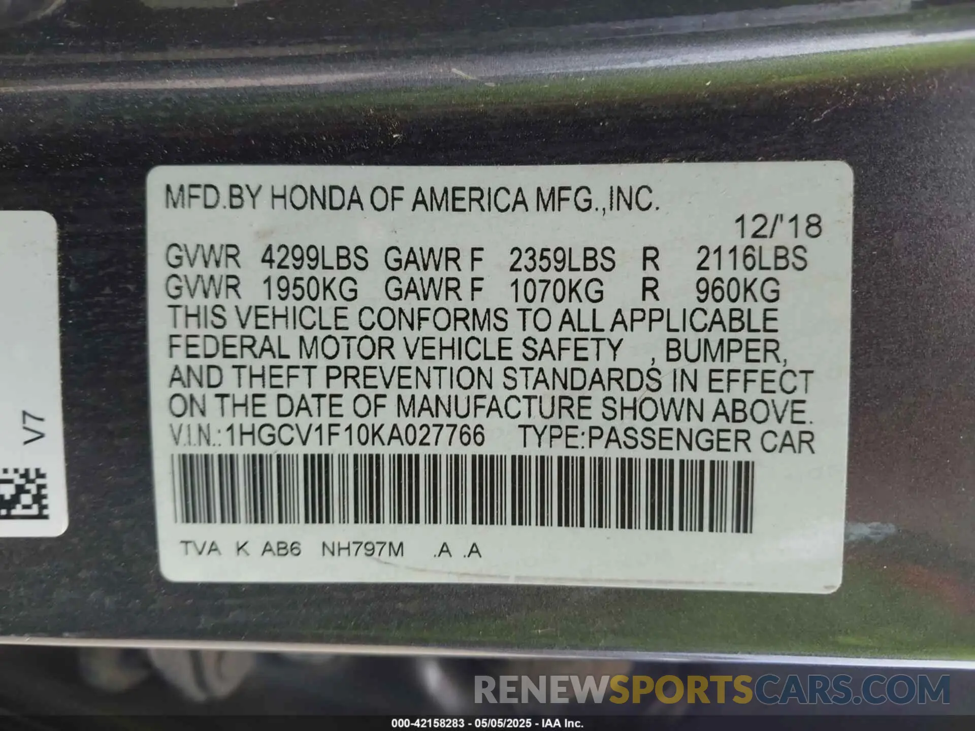 9 Photograph of a damaged car 1HGCV1F10KA027766 HONDA ACCORD 2019