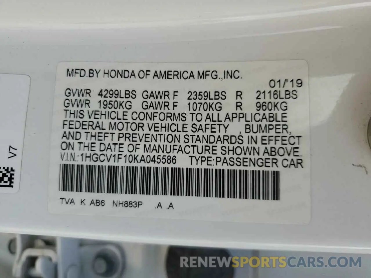 12 Photograph of a damaged car 1HGCV1F10KA045586 HONDA ACCORD 2019