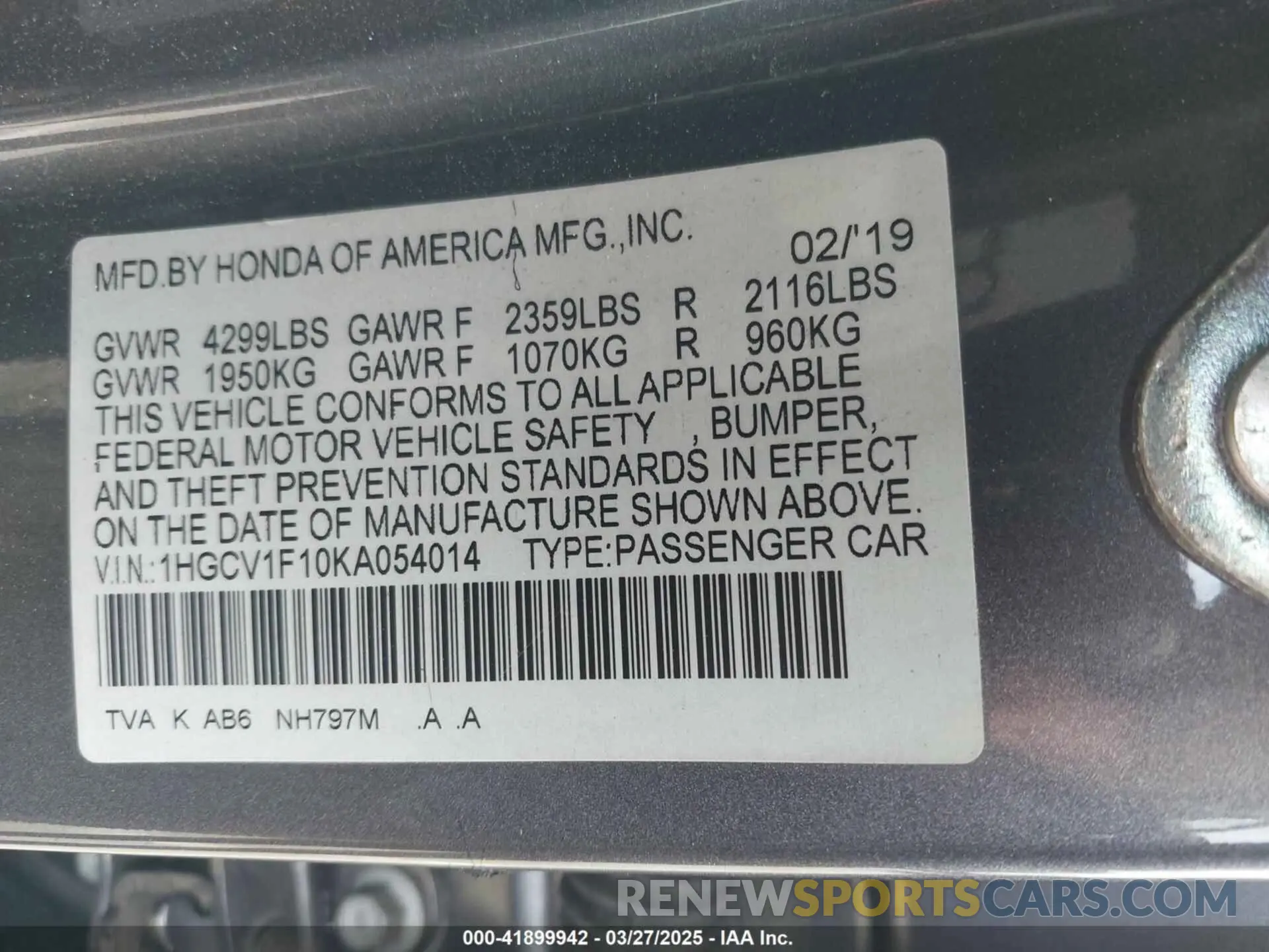9 Фотография поврежденного автомобиля 1HGCV1F10KA054014 HONDA ACCORD 2019