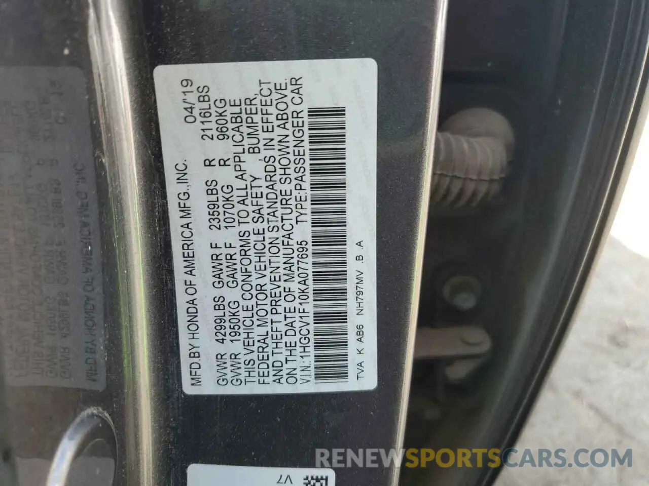 12 Фотография поврежденного автомобиля 1HGCV1F10KA077695 HONDA ACCORD 2019