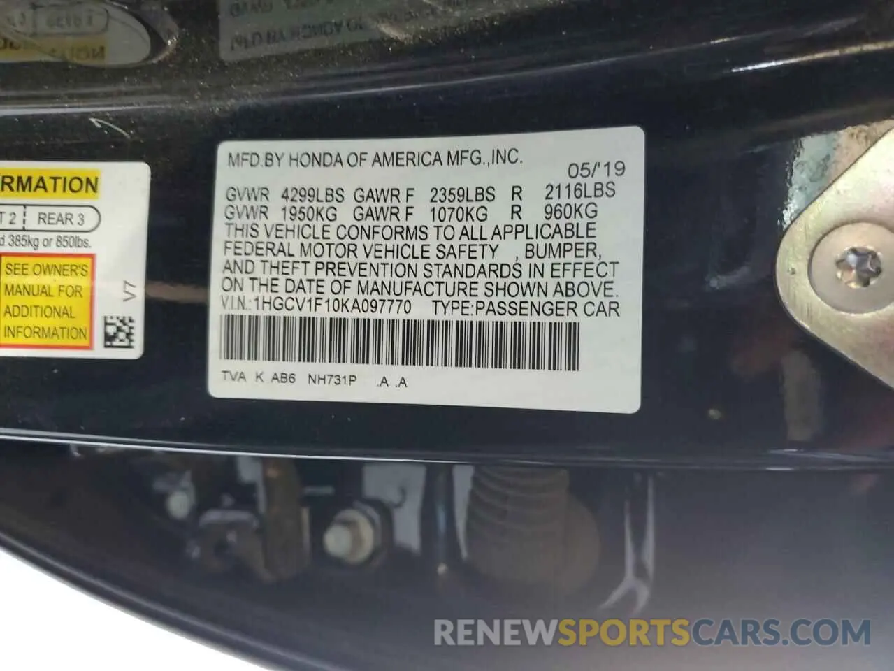 13 Photograph of a damaged car 1HGCV1F10KA097770 HONDA ACCORD 2019