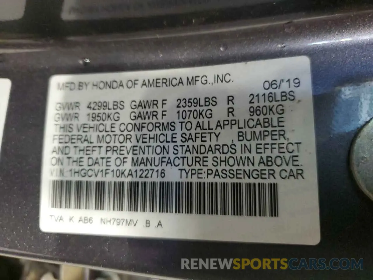 13 Фотография поврежденного автомобиля 1HGCV1F10KA122716 HONDA ACCORD 2019