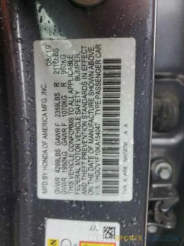 12 Photograph of a damaged car 1HGCV1F10KA154047 HONDA ACCORD 2019