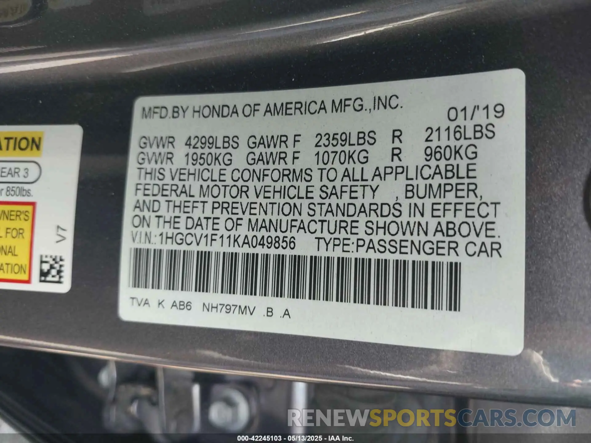 9 Photograph of a damaged car 1HGCV1F11KA049856 HONDA ACCORD 2019