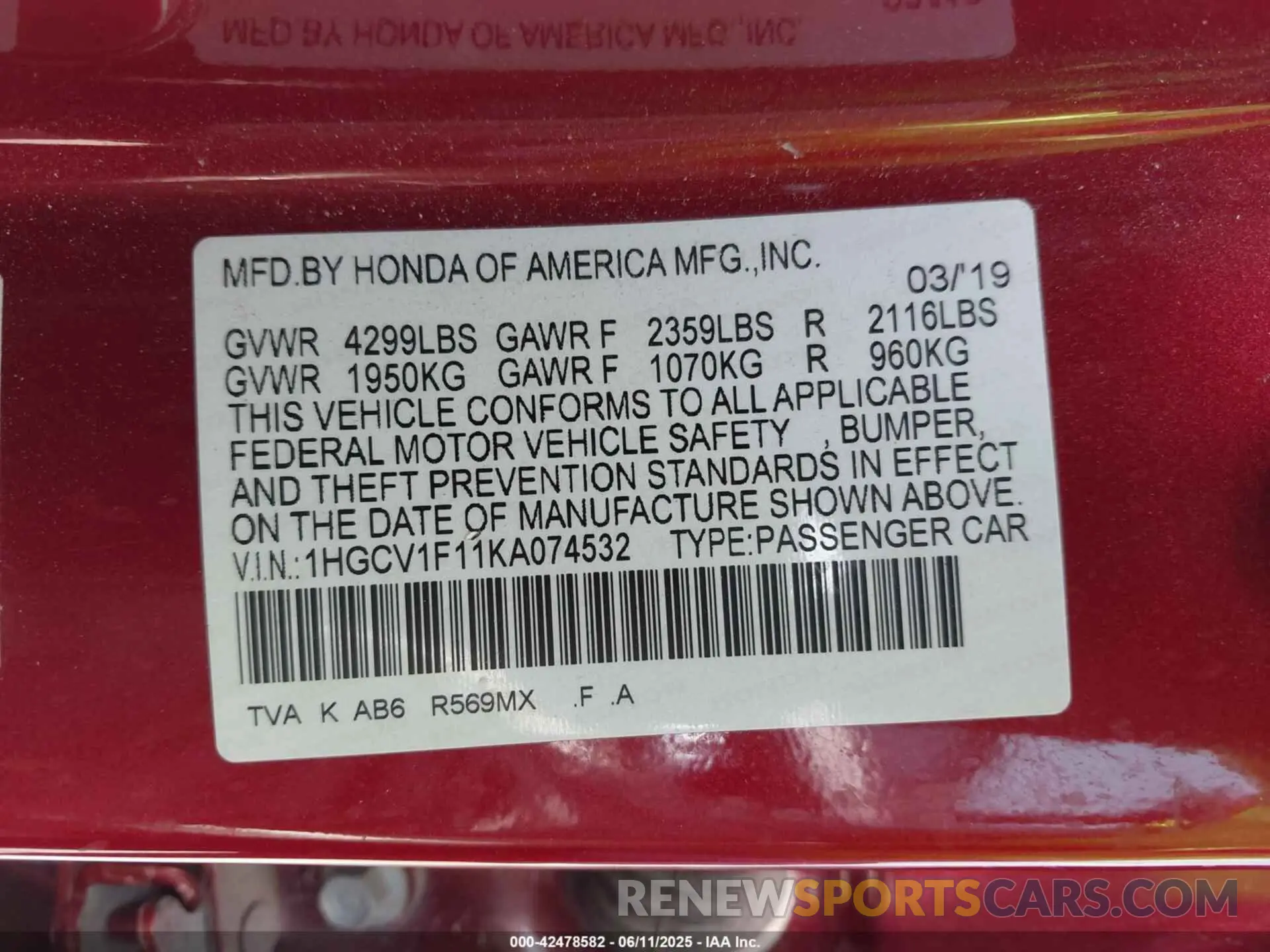 9 Photograph of a damaged car 1HGCV1F11KA074532 HONDA ACCORD 2019