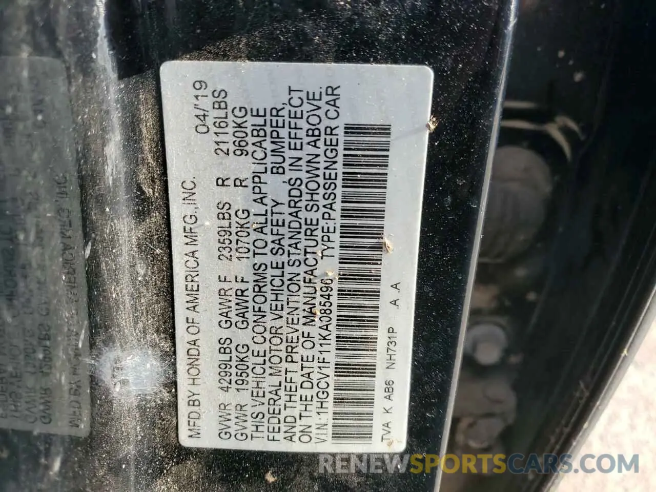 14 Фотография поврежденного автомобиля 1HGCV1F11KA085496 HONDA ACCORD 2019