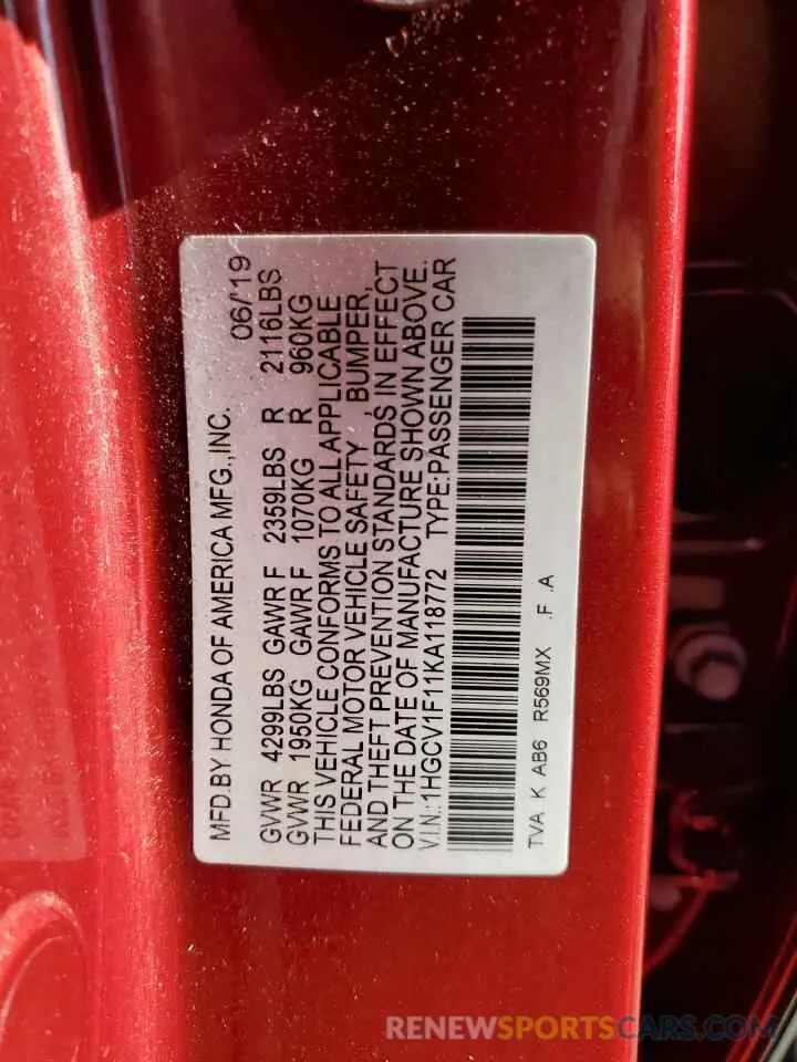 12 Фотография поврежденного автомобиля 1HGCV1F11KA118772 HONDA ACCORD 2019