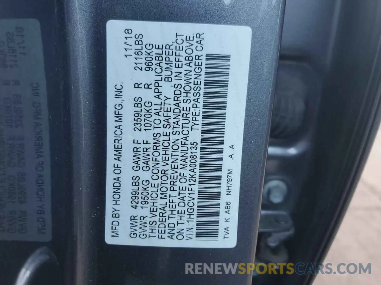 12 Photograph of a damaged car 1HGCV1F12KA008135 HONDA ACCORD 2019