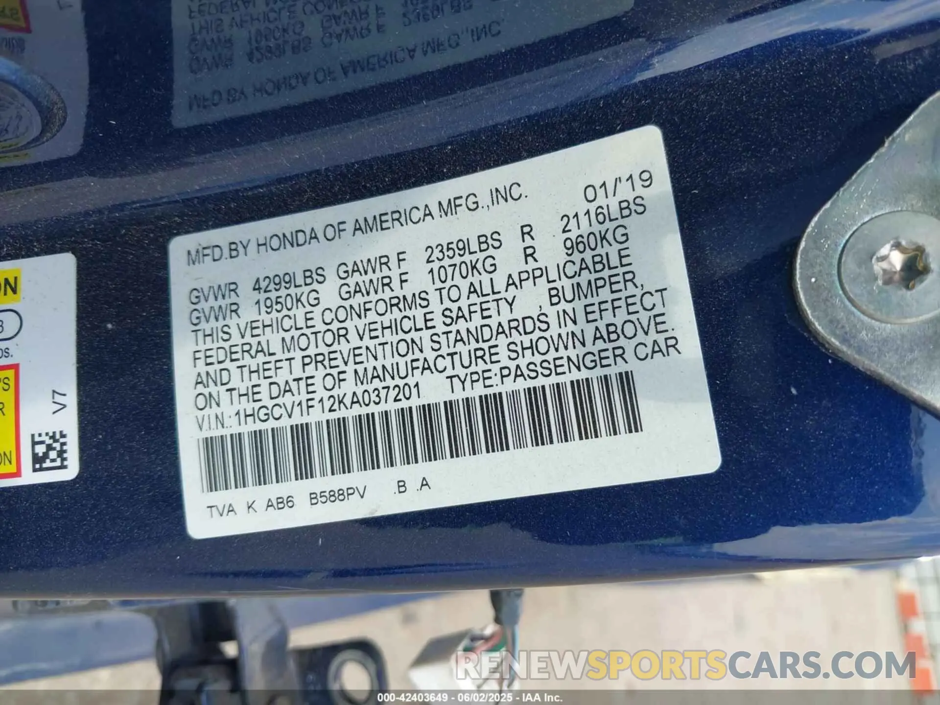 9 Photograph of a damaged car 1HGCV1F12KA037201 HONDA ACCORD 2019