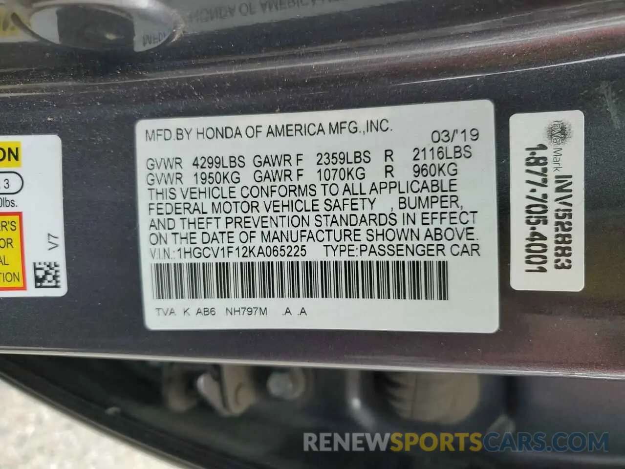 14 Фотография поврежденного автомобиля 1HGCV1F12KA065225 HONDA ACCORD 2019