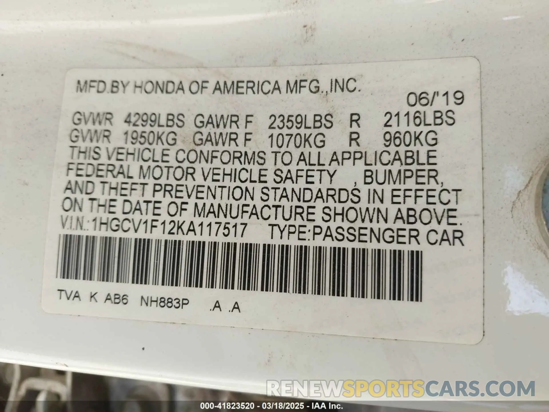 9 Фотография поврежденного автомобиля 1HGCV1F12KA117517 HONDA ACCORD 2019
