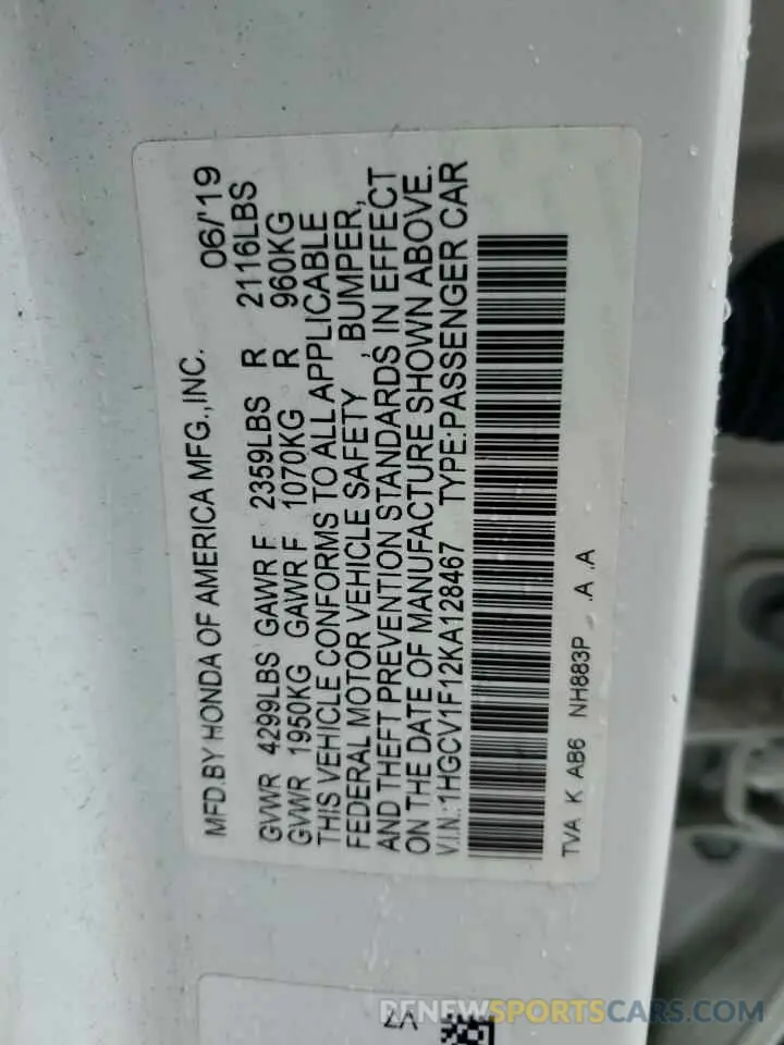12 Photograph of a damaged car 1HGCV1F12KA128467 HONDA ACCORD 2019