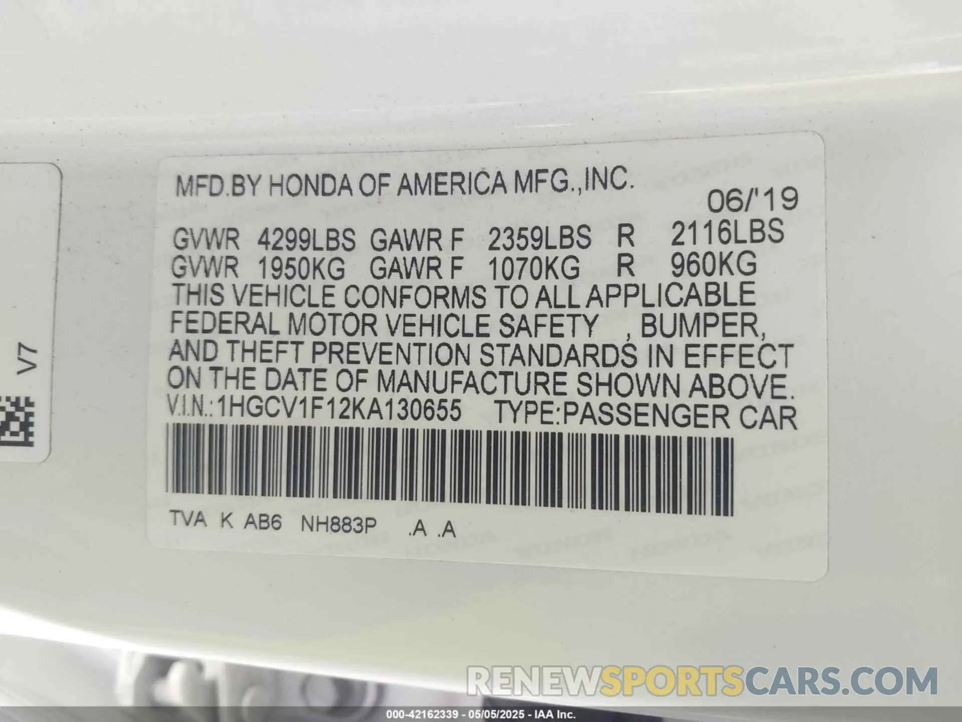 9 Фотография поврежденного автомобиля 1HGCV1F12KA130655 HONDA ACCORD 2019