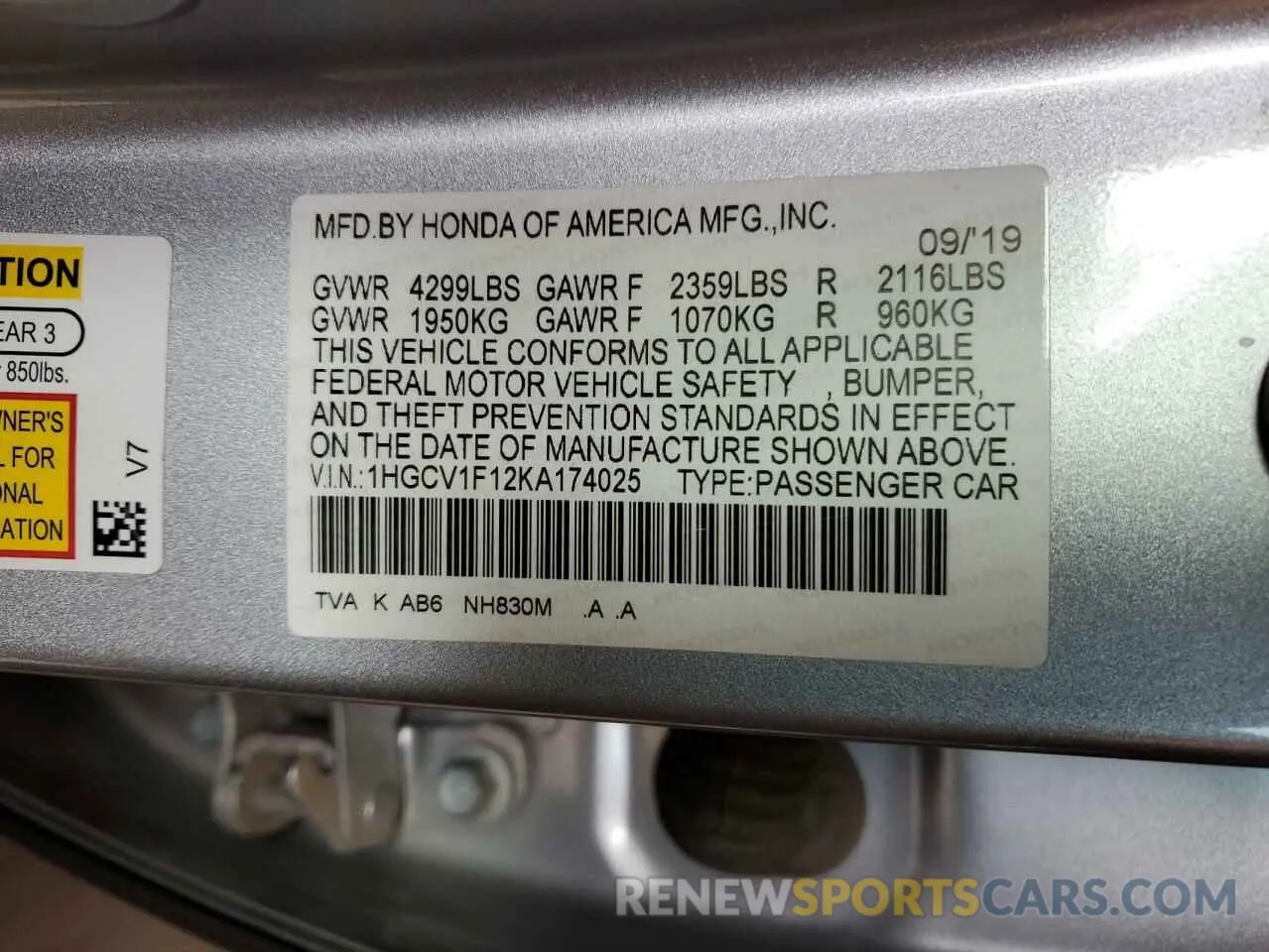12 Photograph of a damaged car 1HGCV1F12KA174025 HONDA ACCORD 2019