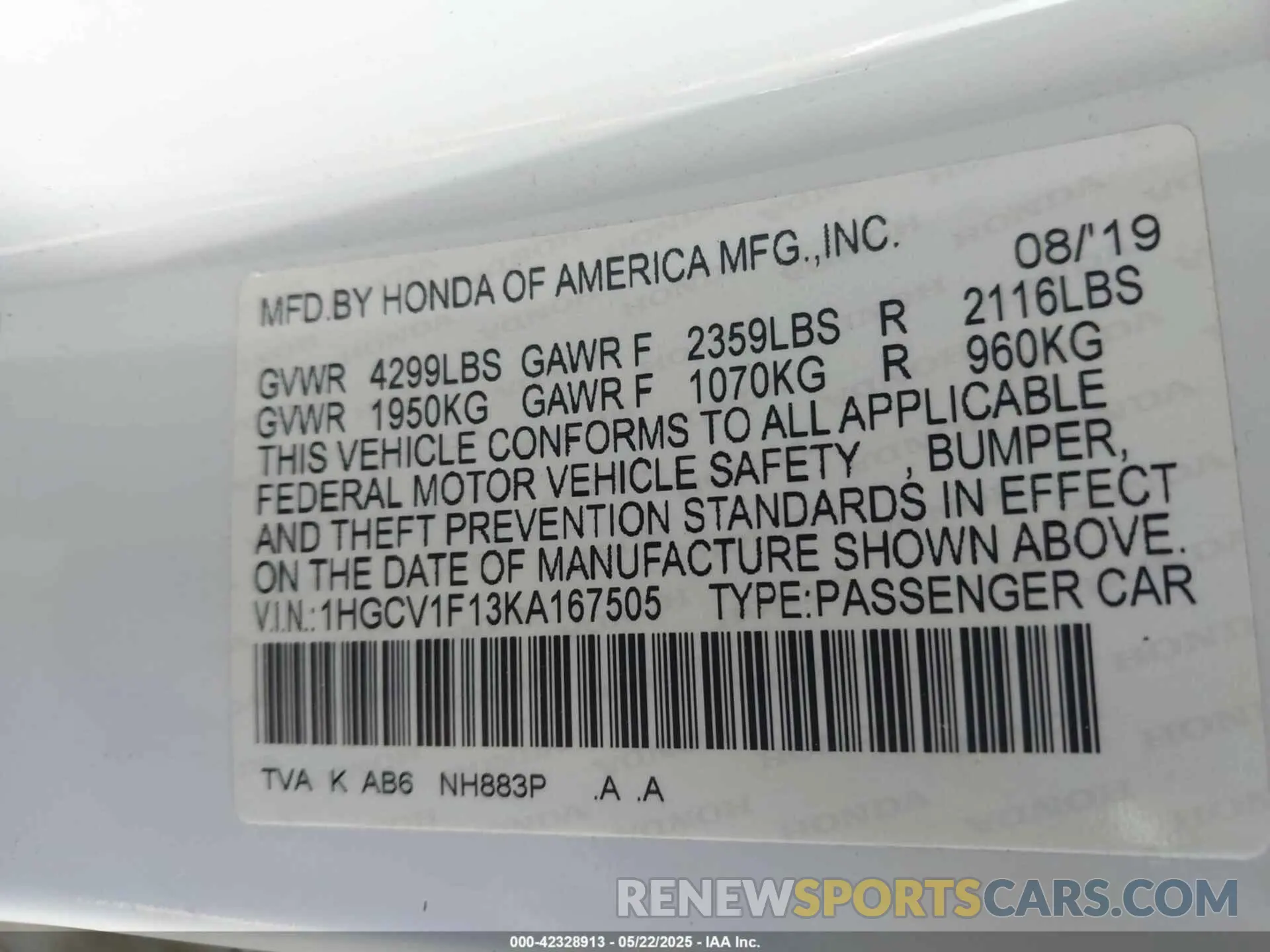 9 Photograph of a damaged car 1HGCV1F13KA167505 HONDA ACCORD 2019