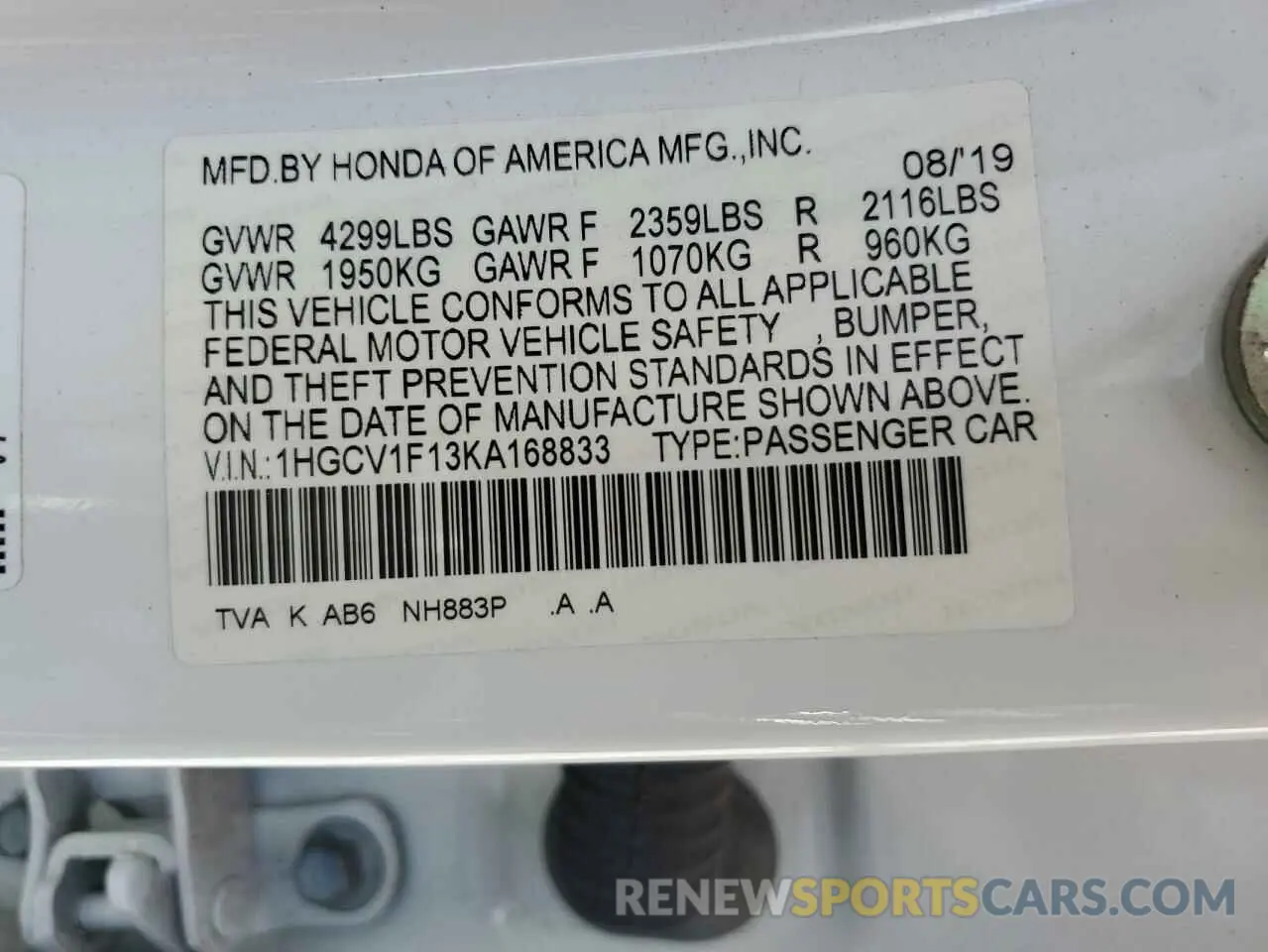 13 Фотография поврежденного автомобиля 1HGCV1F13KA168833 HONDA ACCORD 2019