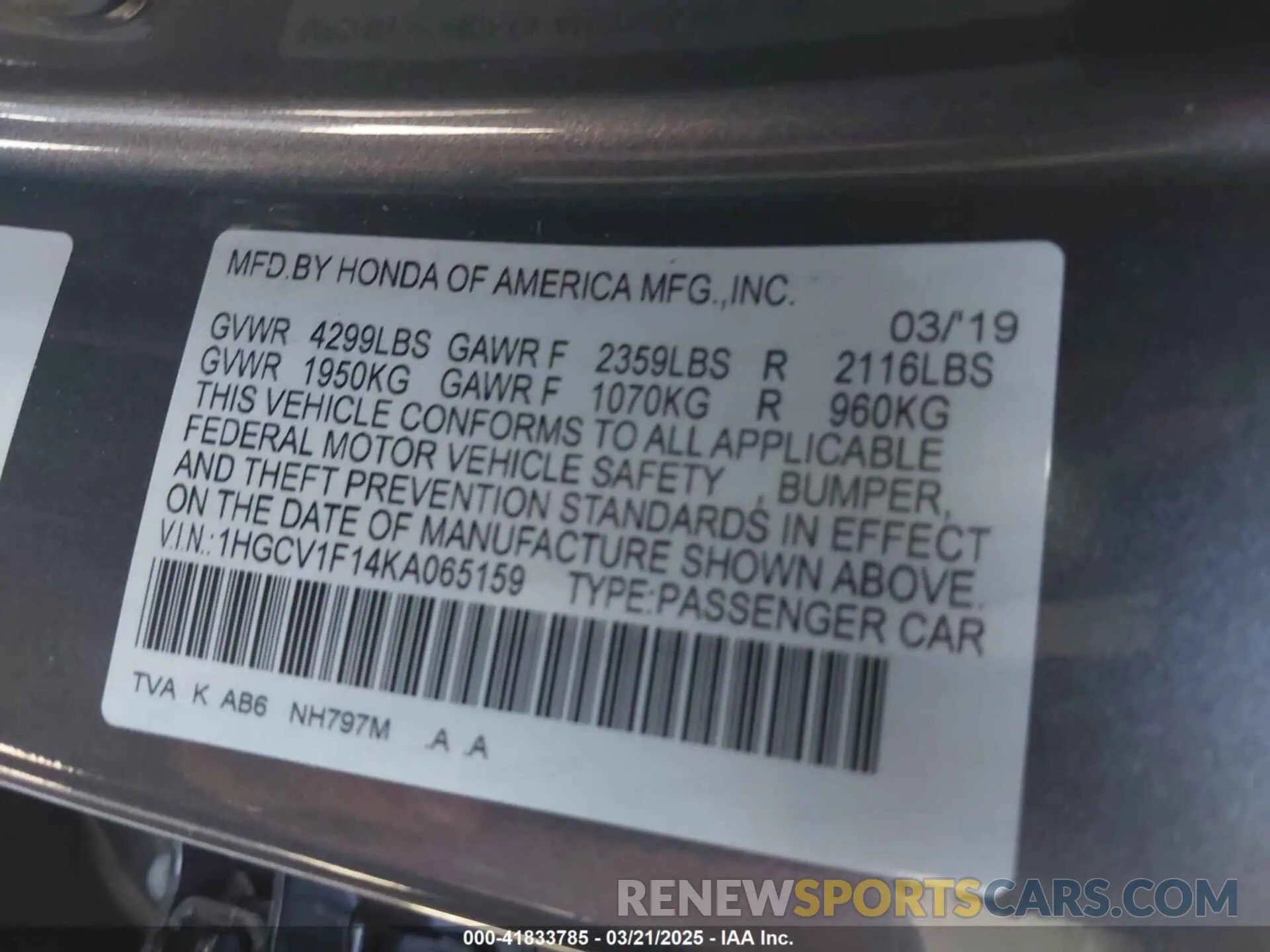 9 Фотография поврежденного автомобиля 1HGCV1F14KA065159 HONDA ACCORD 2019