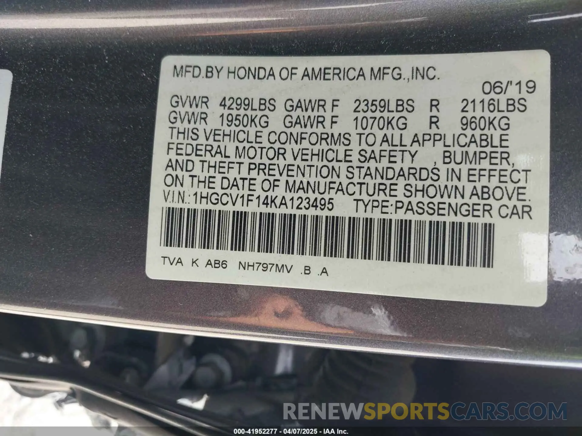 9 Фотография поврежденного автомобиля 1HGCV1F14KA123495 HONDA ACCORD 2019