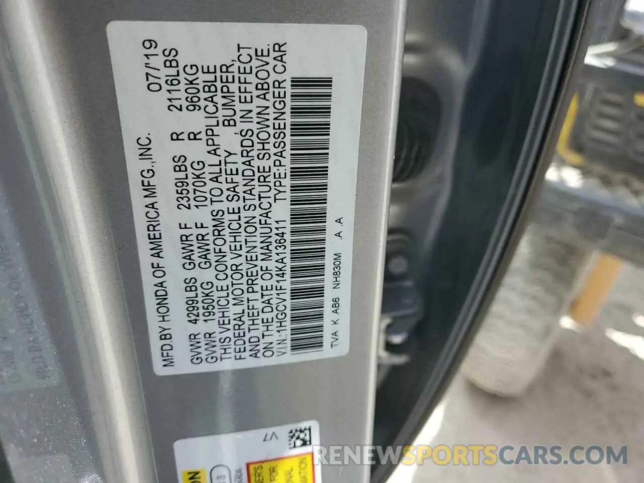 12 Photograph of a damaged car 1HGCV1F14KA136411 HONDA ACCORD 2019