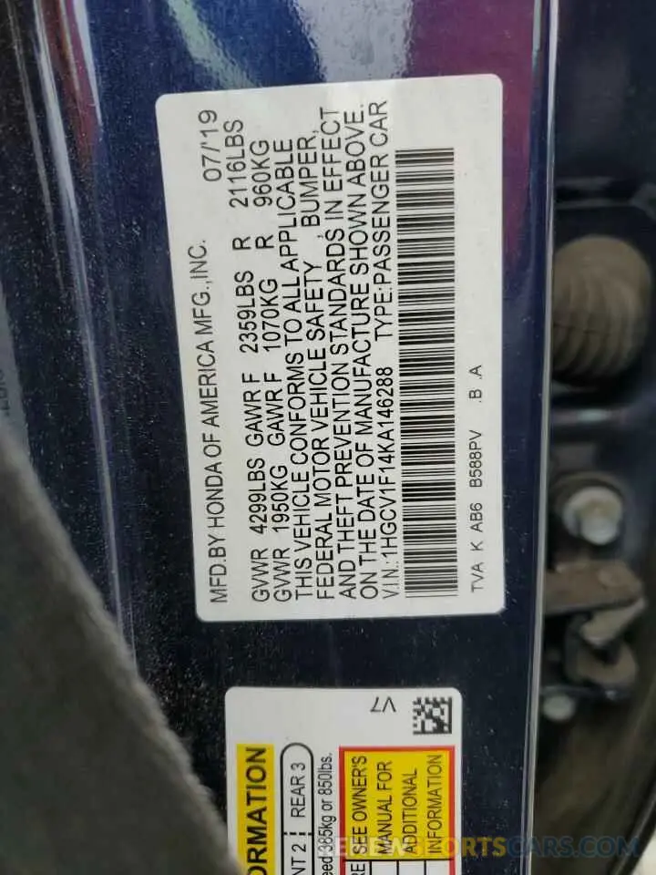12 Photograph of a damaged car 1HGCV1F14KA146288 HONDA ACCORD 2019