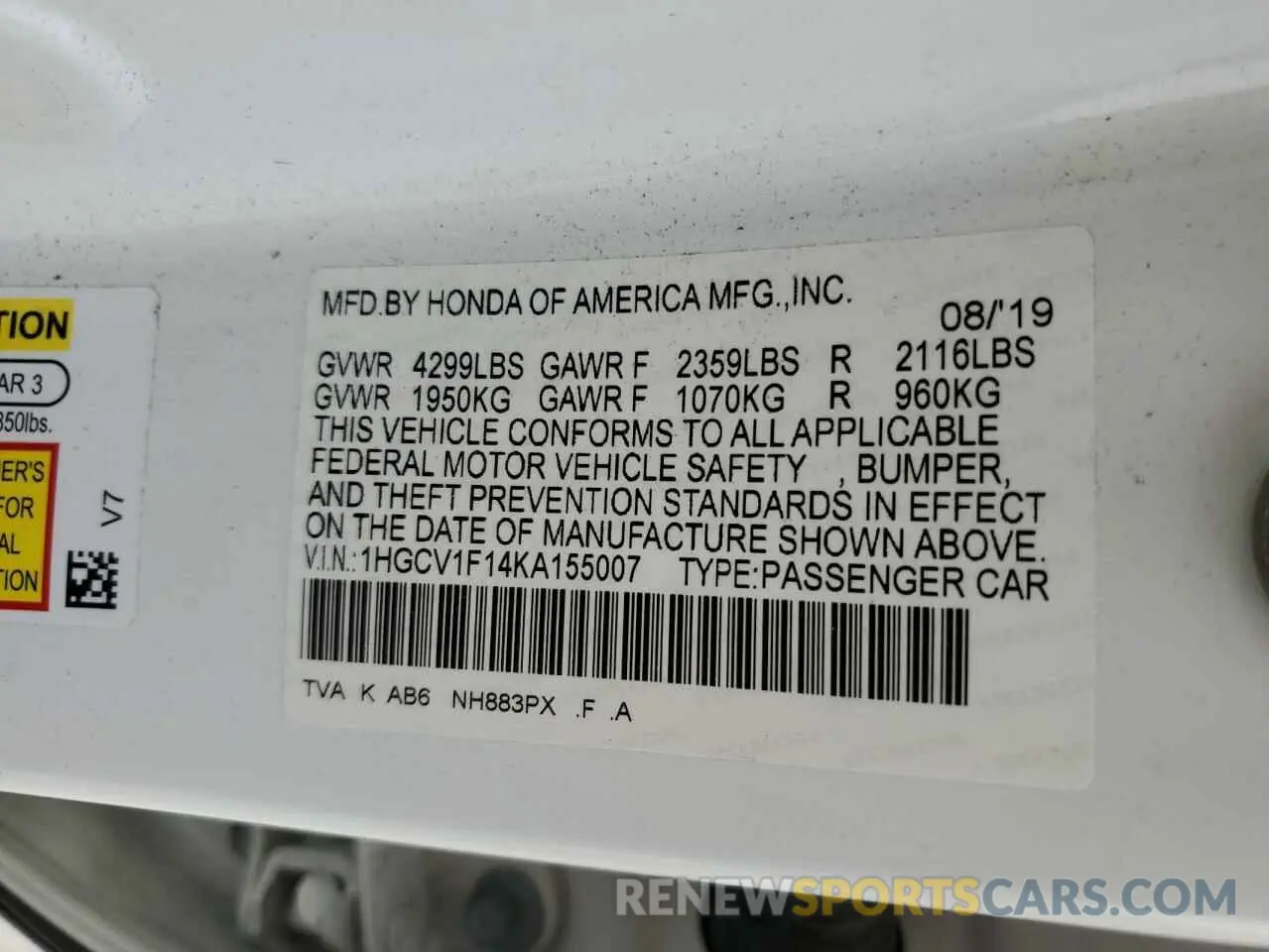 15 Фотография поврежденного автомобиля 1HGCV1F14KA155007 HONDA ACCORD 2019