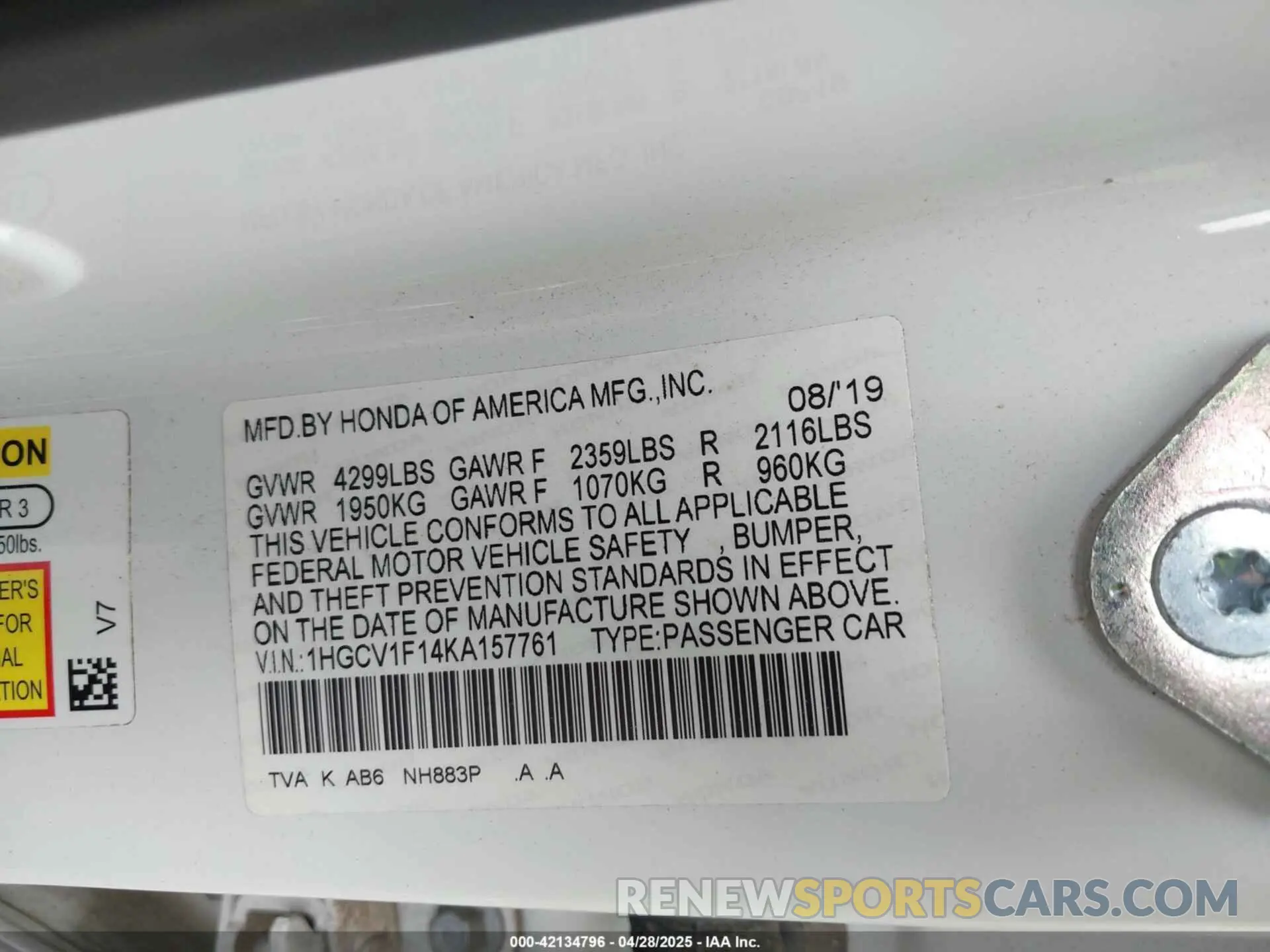 9 Photograph of a damaged car 1HGCV1F14KA157761 HONDA ACCORD 2019