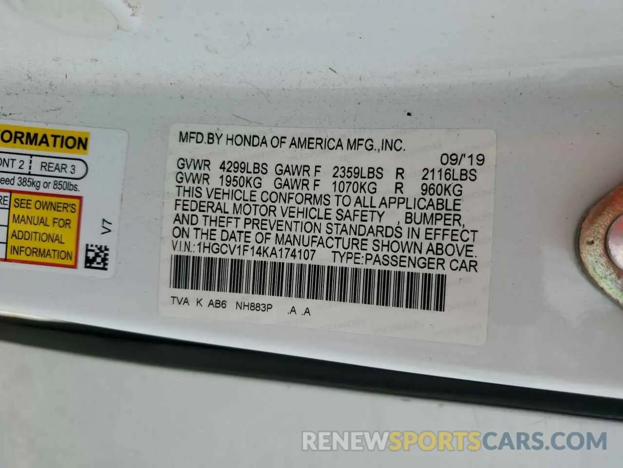 13 Photograph of a damaged car 1HGCV1F14KA174107 HONDA ACCORD 2019