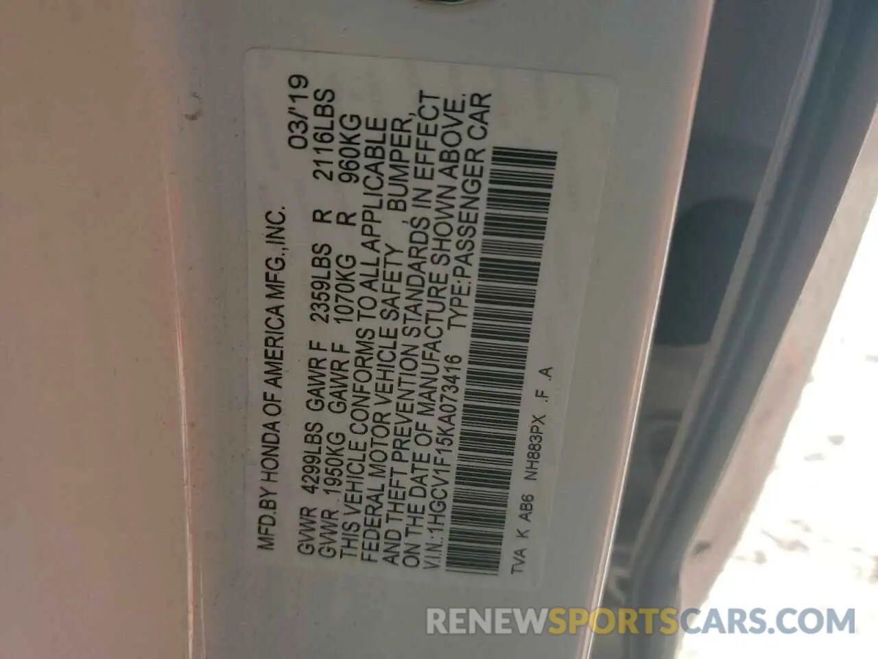 12 Фотография поврежденного автомобиля 1HGCV1F15KA073416 HONDA ACCORD 2019