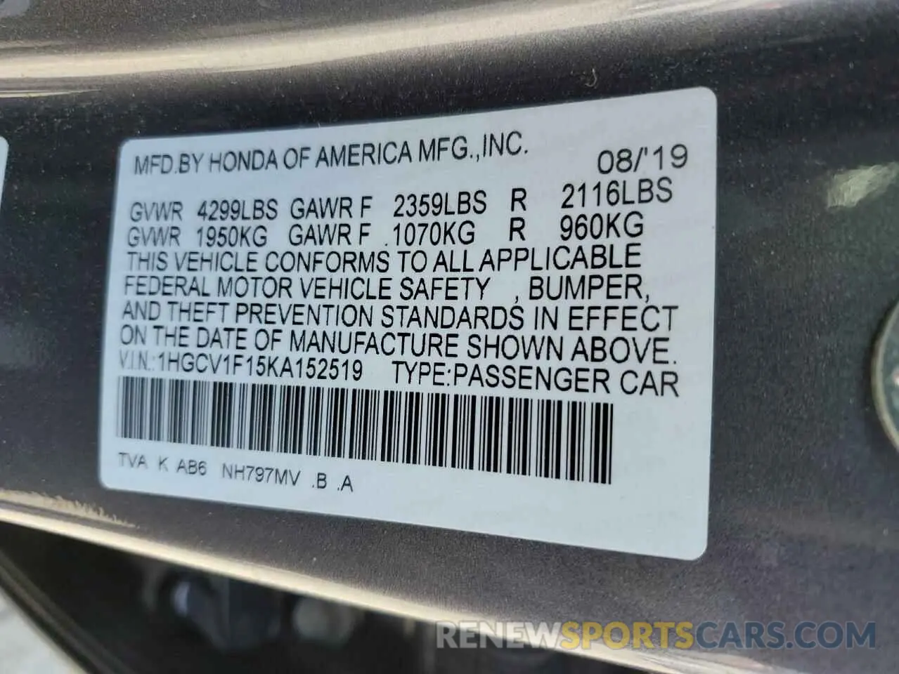 14 Фотография поврежденного автомобиля 1HGCV1F15KA152519 HONDA ACCORD 2019