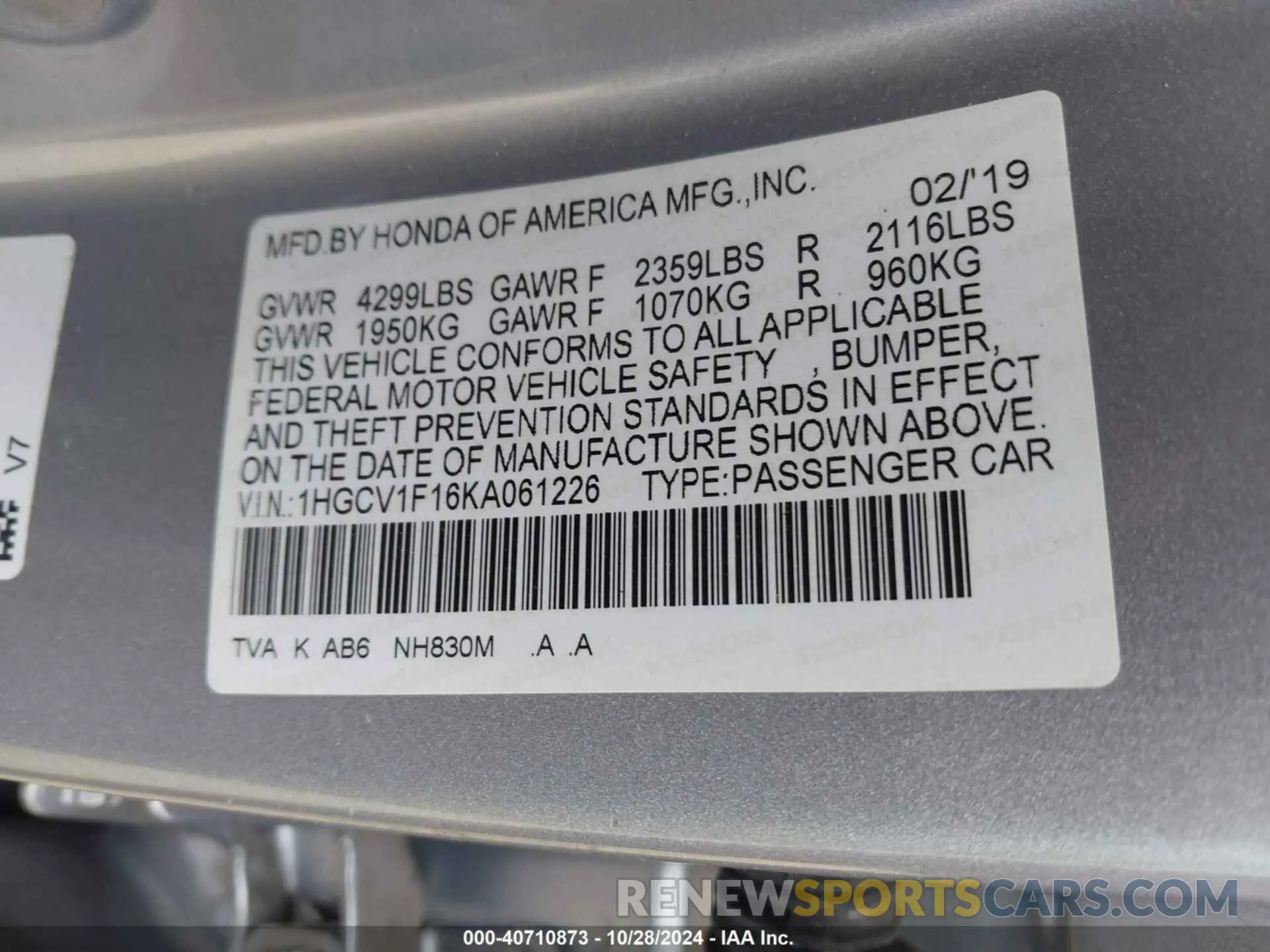 9 Фотография поврежденного автомобиля 1HGCV1F16KA061226 HONDA ACCORD 2019