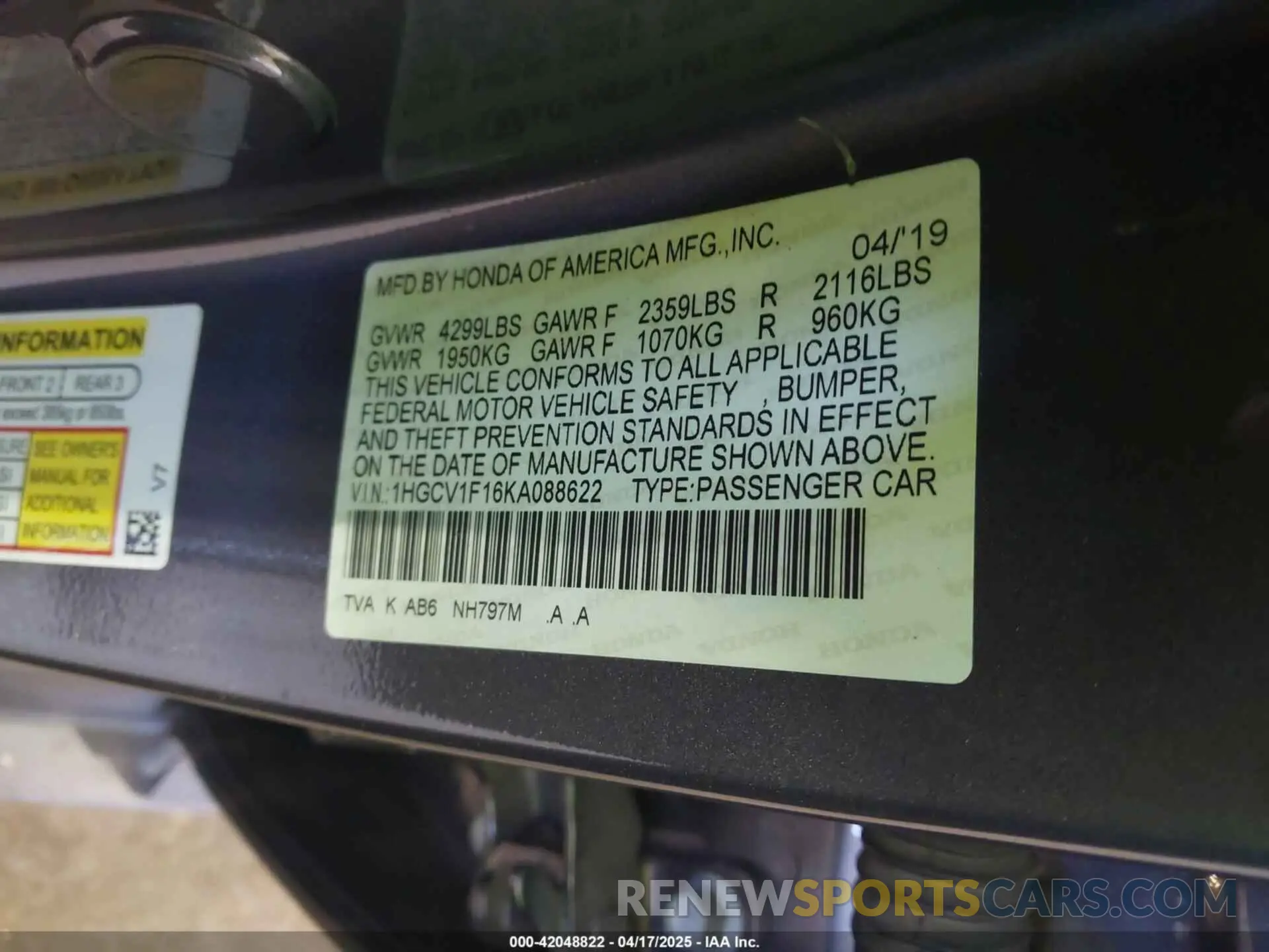 9 Фотография поврежденного автомобиля 1HGCV1F16KA088622 HONDA ACCORD 2019