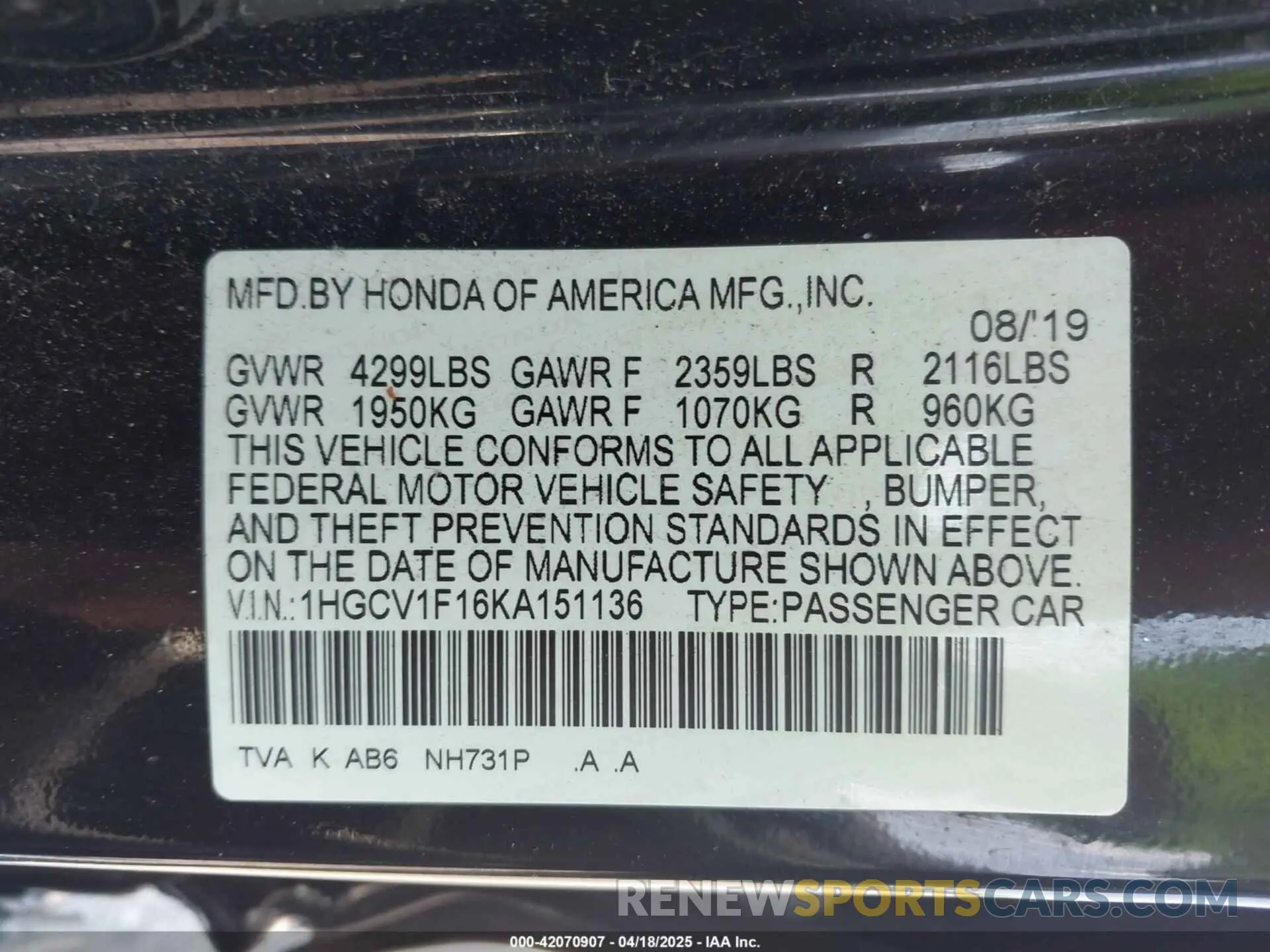 9 Photograph of a damaged car 1HGCV1F16KA151136 HONDA ACCORD 2019