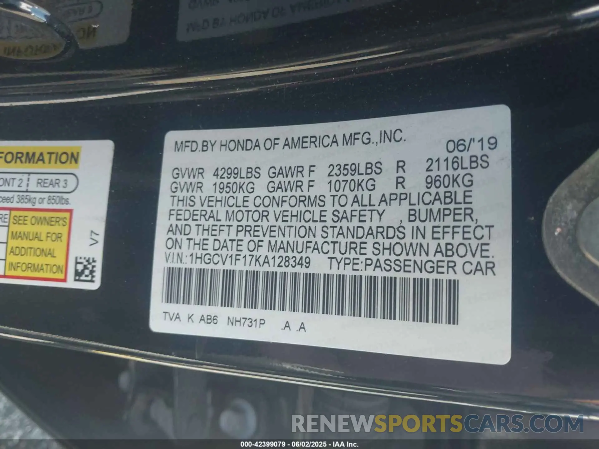 9 Photograph of a damaged car 1HGCV1F17KA128349 HONDA ACCORD 2019