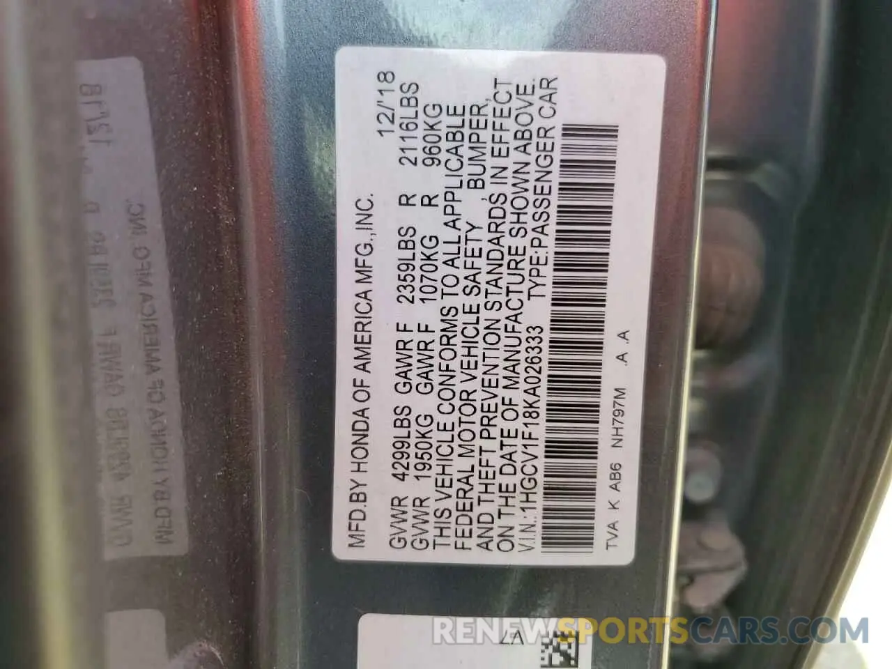 12 Photograph of a damaged car 1HGCV1F18KA026333 HONDA ACCORD 2019