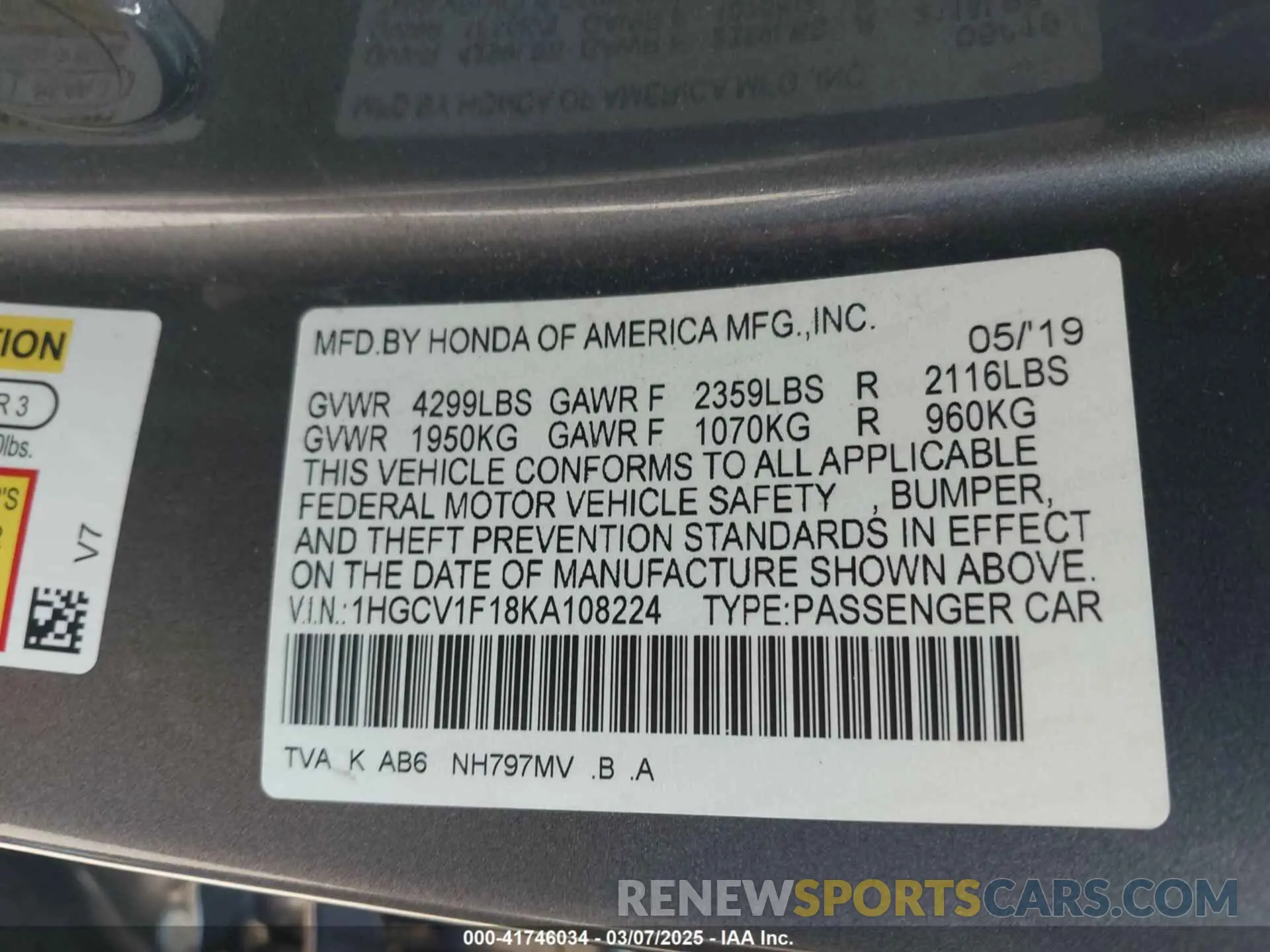 9 Photograph of a damaged car 1HGCV1F18KA108224 HONDA ACCORD 2019
