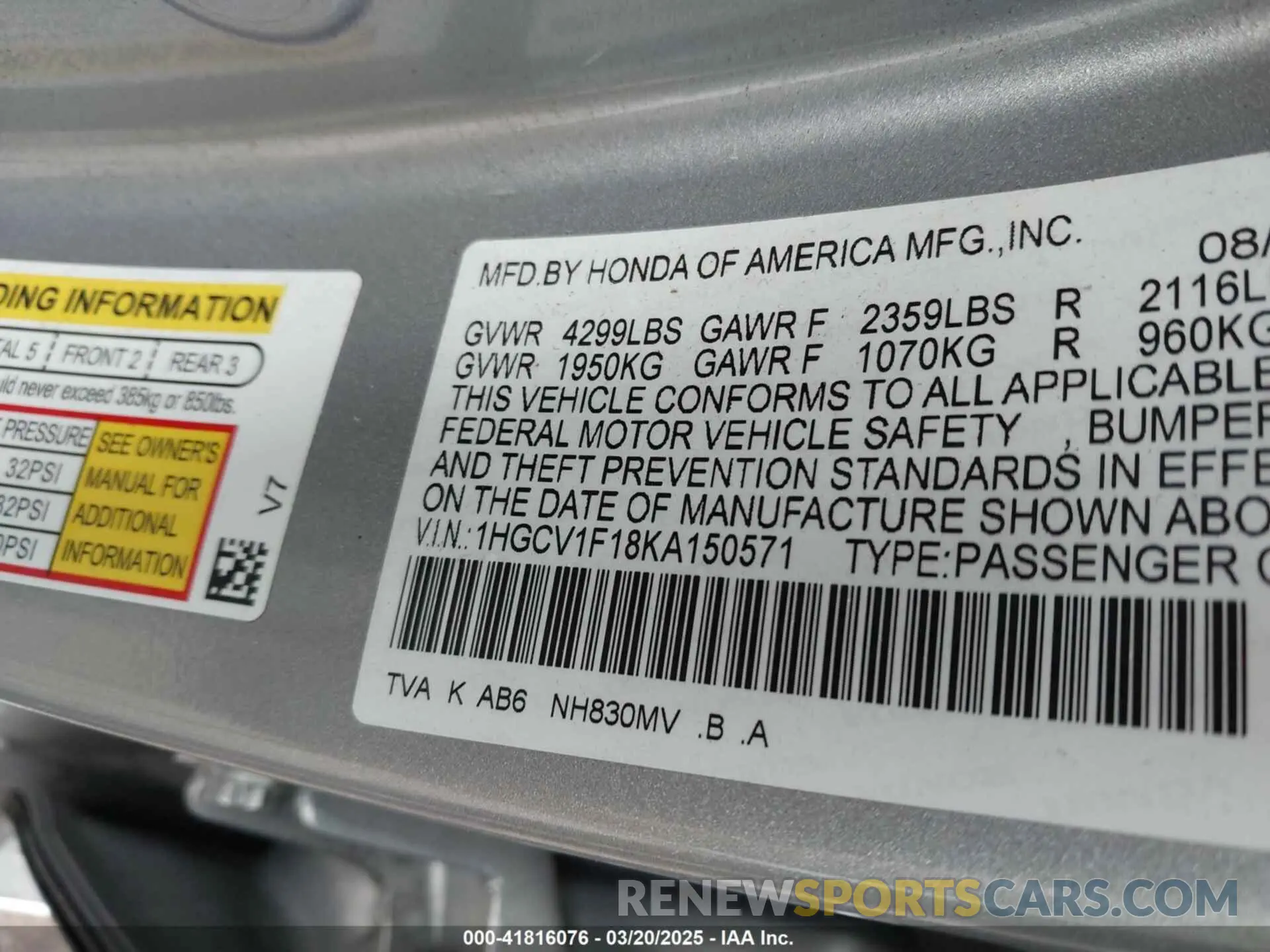 9 Фотография поврежденного автомобиля 1HGCV1F18KA150571 HONDA ACCORD 2019