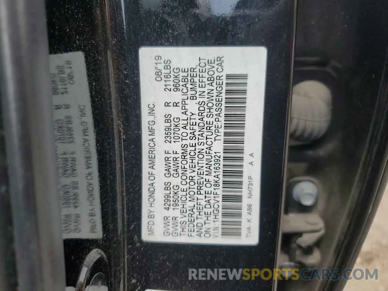 12 Photograph of a damaged car 1HGCV1F18KA163921 HONDA ACCORD 2019