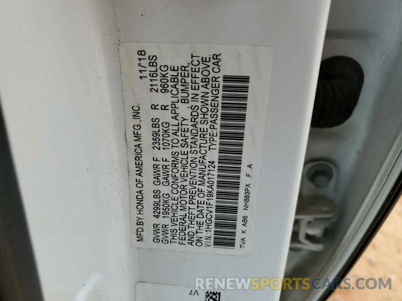 15 Фотография поврежденного автомобиля 1HGCV1F19KA017124 HONDA ACCORD 2019