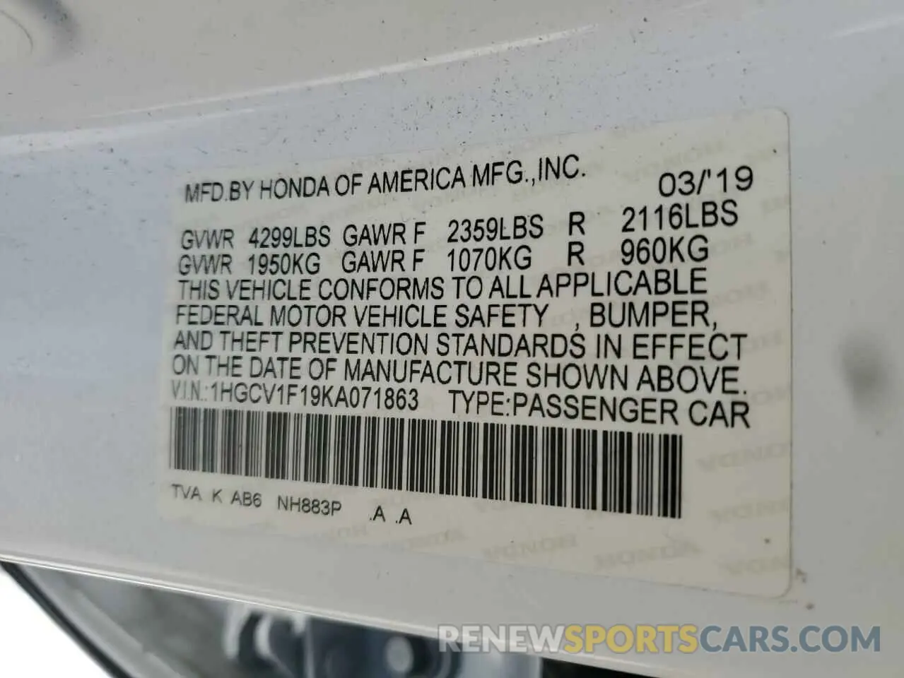 14 Фотография поврежденного автомобиля 1HGCV1F19KA071863 HONDA ACCORD 2019