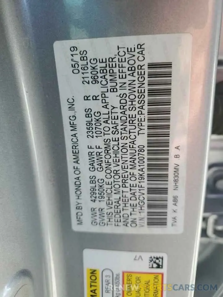 12 Photograph of a damaged car 1HGCV1F19KA100780 HONDA ACCORD 2019