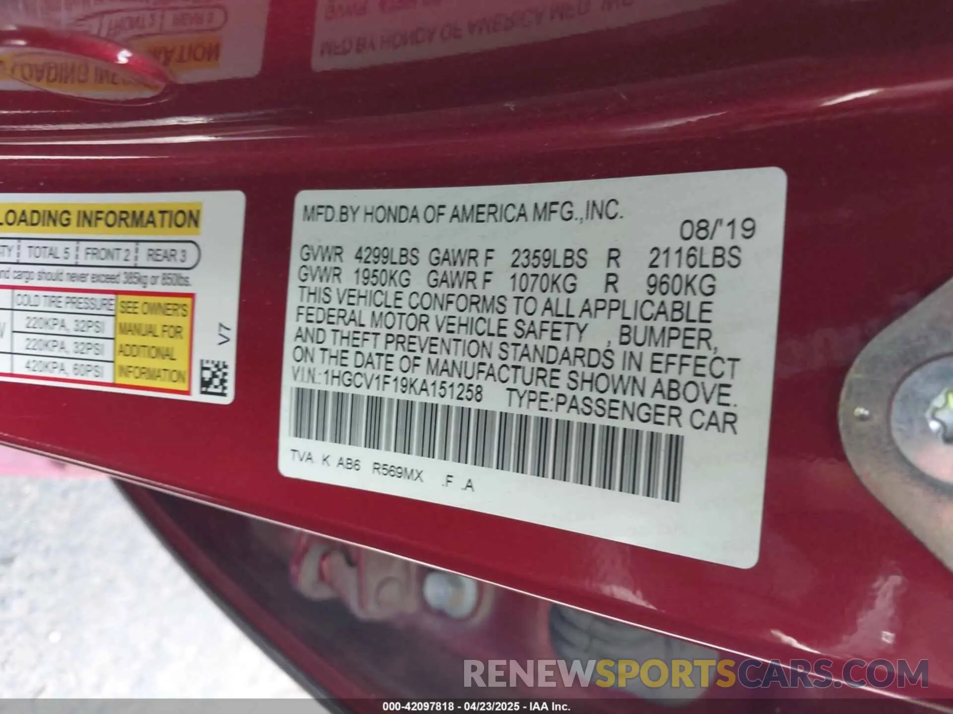 9 Photograph of a damaged car 1HGCV1F19KA151258 HONDA ACCORD 2019