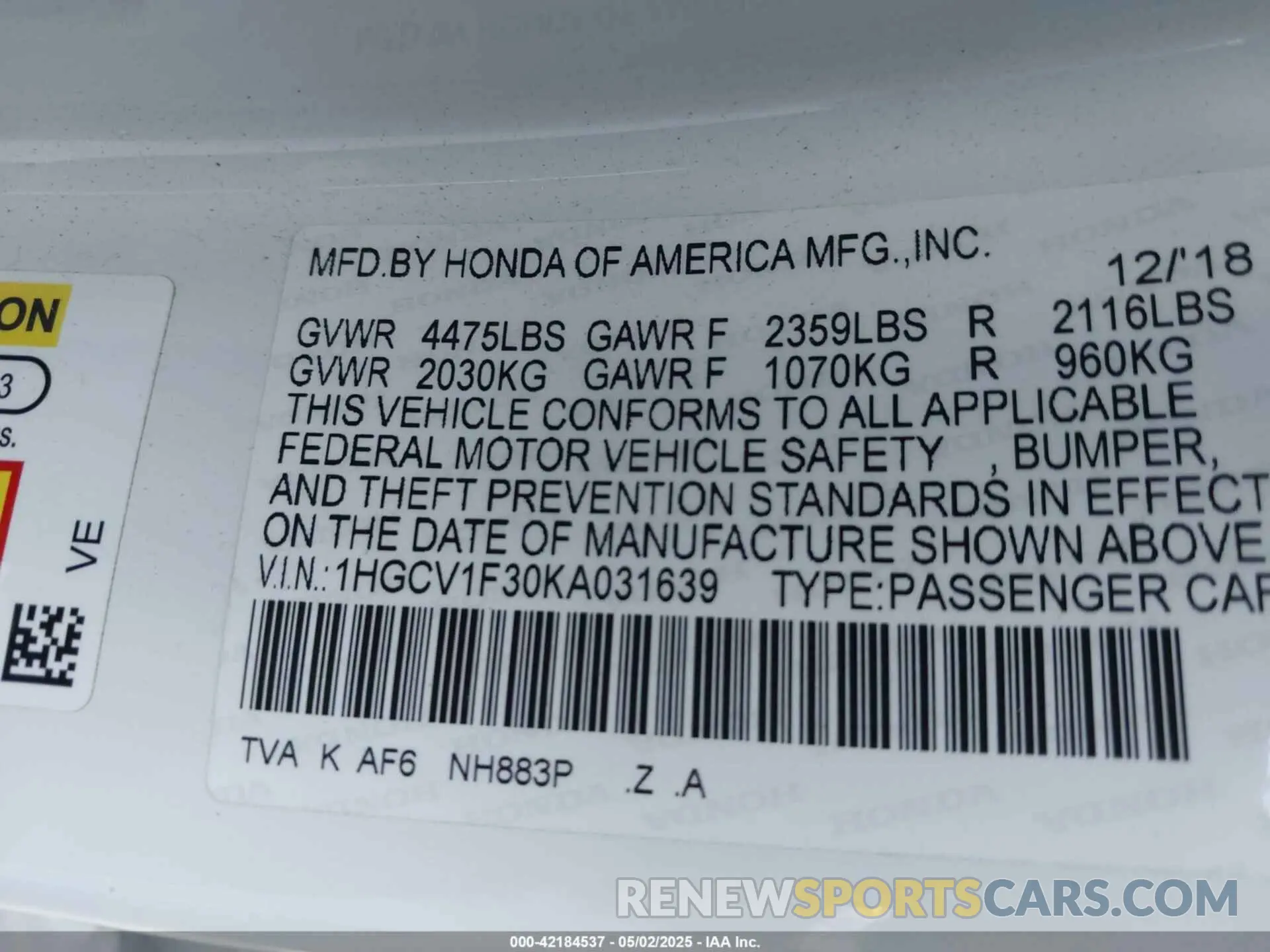 9 Фотография поврежденного автомобиля 1HGCV1F30KA031639 HONDA ACCORD 2019