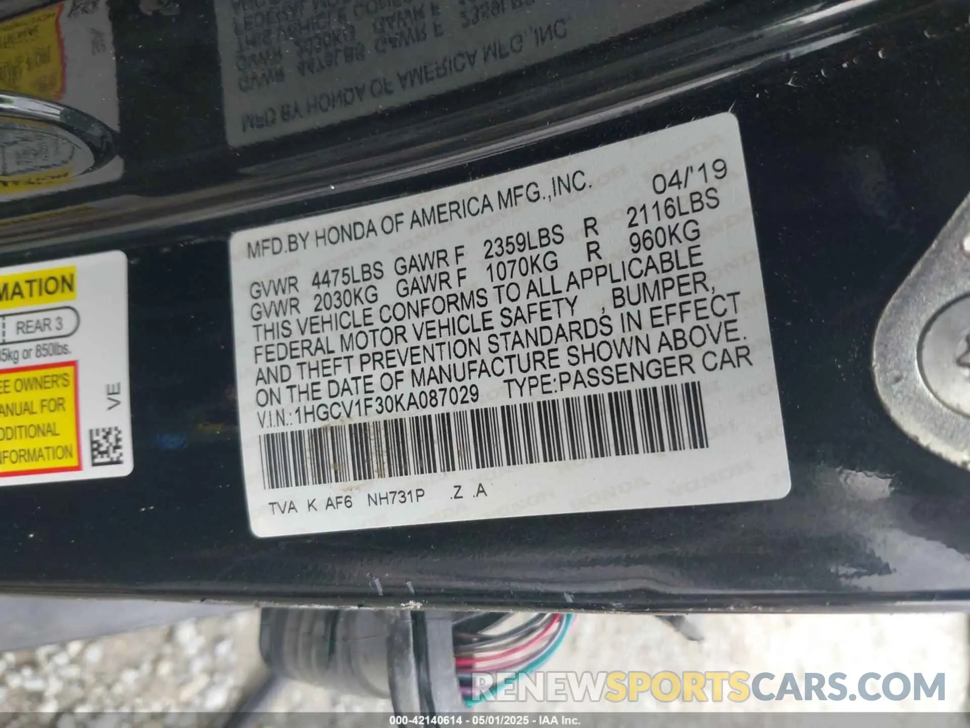 9 Photograph of a damaged car 1HGCV1F30KA087029 HONDA ACCORD 2019